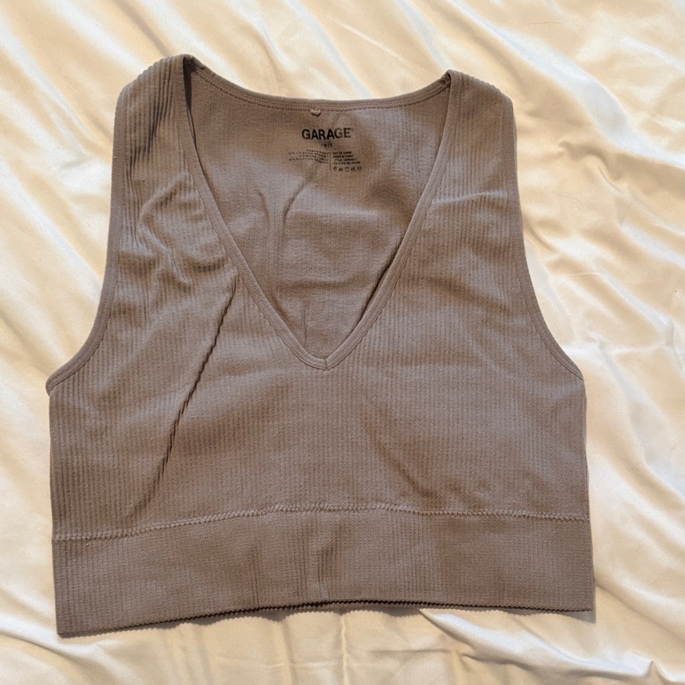 Garage Women's Taupe Ribbed V-Neck Crop Top